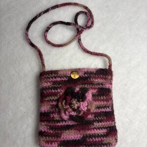 Wool Mini Hand  Knit Crossbody Button Closure Flower Multicolor Pink Brown Boho